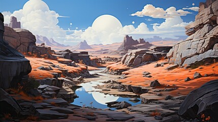 Wall Mural - On the surface of a barren asteroid, miners extract valuable resources from the rocky surface, their efforts fueling humanity's expansion into the cosmos. Painting Illustration style, Minimal and