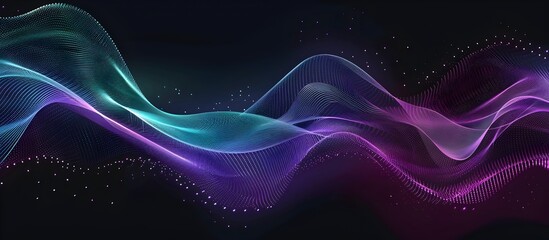 Poster - Abstract vector background with wavy lines and dots, in the style of purple blue green color on a dark black gradient, illustrating the digital data flow concept, big Data technology illustration set 