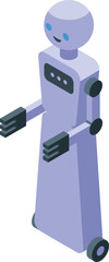 Sticker - Futuristic isometric robot assistant illustration with friendly and modern technology concept in purple, artificial intelligence, and cybernetic design vector character machine digital innovation