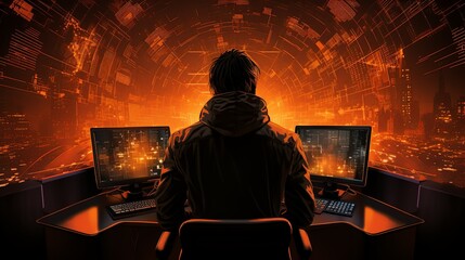 A hacker's silhouette illuminated by a glowing screen, depicting cybersecurity threats in the digital age. Painting Illustration style, Minimal and Simple,