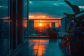 Wall Mural - Rooftop sunset soft tones balcony warm blue soft light life vibes.