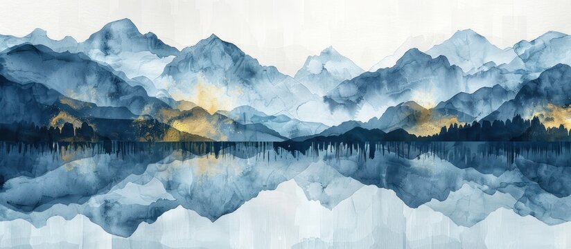 Landscape watercolor art background with mountains and hills on the sea or lake in blue and gold colors