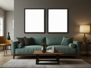 Mock-up square frame in furnished home interior background