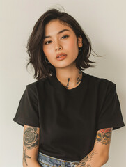 Wall Mural - young Asian woman with tattoos, wearing a black t-shirt, showcasing contemporary style and personal expression