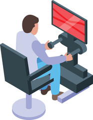 Poster - Isometric illustration of a person using a flight simulator with joystick and widescreen monitor