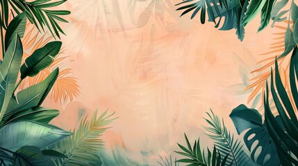 Sticker - Chic and vibrant summer botanical wallpaper design with open copy space, emphasizing the warmth and brightness of the lush tropical foliage. This nature-inspired pattern creates a serene and calming