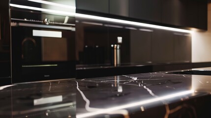 Poster - Ultra-modern kitchen, close-up on sleek black marble island, under-cabinet lighting, sharp focus 