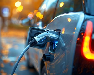 Electric Vehicle Charging Station in Illuminated City Street at Night