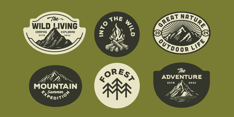 mountain adventure hipster logos. set of vintage outdoor mountains summer camp badges or patches. ve