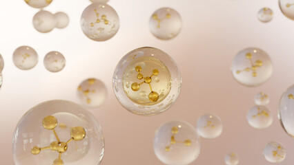 Aufkleber - Cosmetic 3d Golden liquid bubbles on a bright background. Collagen bubbles Design. Moisturizing Cream and Serum Concept. Vitamin for personal care and beauty concept.