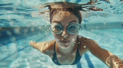 Poster - Woman wearing goggles swimming in a pool, perfect for sport or lifestyle stock images