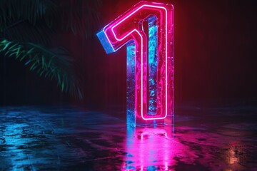 Aufkleber - A neon-lit digit 1 on a wet surface, suitable for use in financial or technology-related contexts