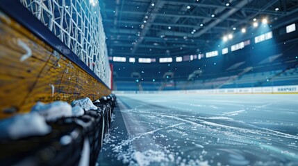 Wall Mural - A snowy hockey rink with no players in sight, perfect for a winter sports scene or a peaceful morning atmosphere