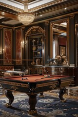 Poster - A pool table in a room with a chandelier, ideal for home or commercial use