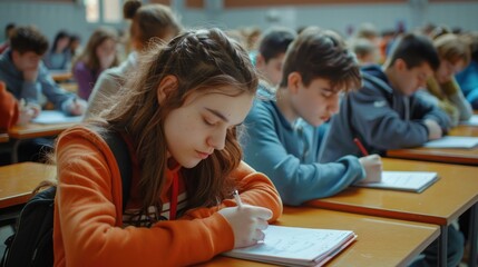 Poster - Group of children seated at desks in a typical classroom setting, suitable for educational or school-related uses