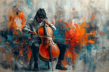 A jazz musician playing the cello with an upright piano in background, depicted as an abstract vector art piece. Abstack art illustration.

