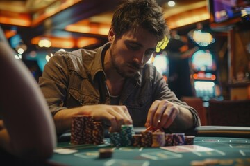 Poster - A man playing poker in a casino, suitable for use in articles about gaming or entertainment