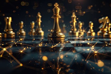 Poster - A close-up view of a golden chess piece sitting on a wooden chess board, providing a warm and inviting glow