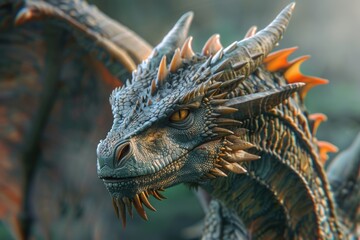 Poster - A detailed view of a mythical dragon's head and neck, often used in fantasy or mythology illustrations
