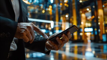 Aufkleber - A businessman or professional person holding a smartphone, suitable for use on a variety of topics related to technology and modern life