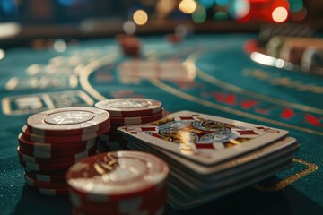 Poster - A close-up view of a casino table with cards and chips scattered across the surface, perfect for use in gaming or financial contexts