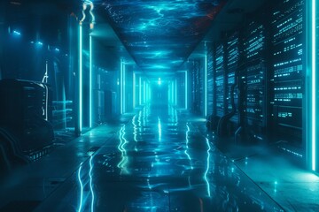 Wall Mural -  3D render of an underwater data center