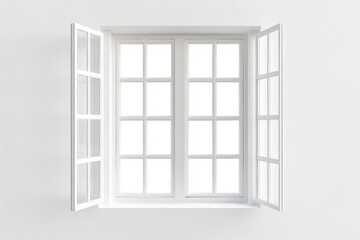 Poster - An open window with white shutters on a white wall, suitable for interior design or architecture photography