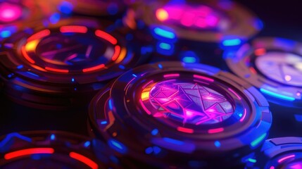 Poster - A close-up view of a stack of poker chips, ideal for use in financial or gaming related contexts