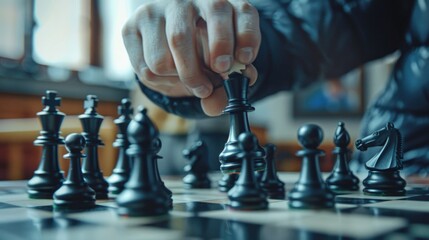 Poster - A person playing a game of chess on a classic wooden chessboard