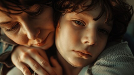 Poster - Adult and child embracing in a warm moment, ideal for family or love-related contexts