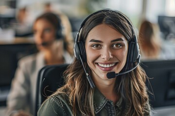 Aufkleber - Woman working in a call center environment, wearing a headset and possibly handling customer calls or providing support