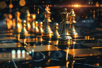 Poster - A detailed view of a chessboard featuring golden game pieces, suitable for use in illustrations about strategy or luxury