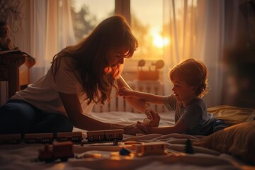 Wall Mural - A mother playing with her child on a bed, a heartwarming moment