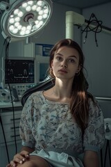 Poster - A patient sits in a hospital chair, surrounded by medical equipment and white walls