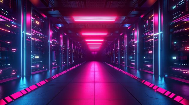 A futuristic data center, humming with the energy of a million transactions per second, illustrating the backbone of modern society powered by information technology