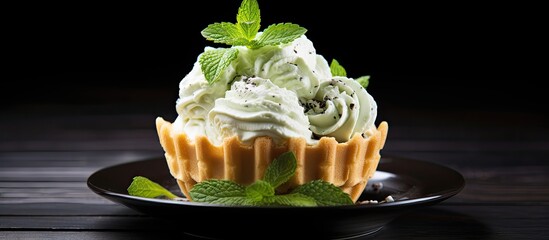 Poster - Vanilla ice cream in a waffle Cup decorated with mint on a dark background Summer dessert. Creative banner. Copyspace image
