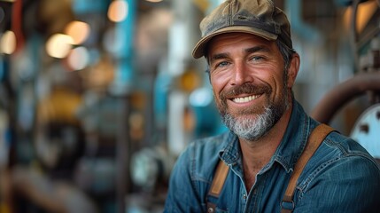 portrait of a happy caucasian white male manufacturing worker or engineer a senior professional engineer or foreman in the workplace .stock photo