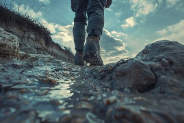 Poster - A person wading through a small pool of water, likely after rain or in a wet environment