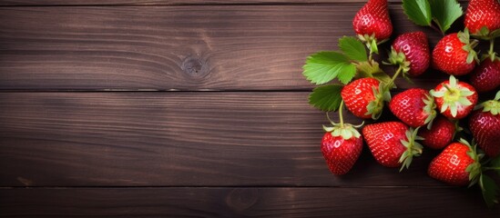 Poster - group of fresh red strawberries on rustic background. Creative banner. Copyspace image