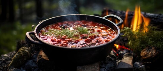 Sticker - Borscht Ukrainian traditional soup cooking in old sooty cauldron on campfire at summer day Close up view. Creative banner. Copyspace image