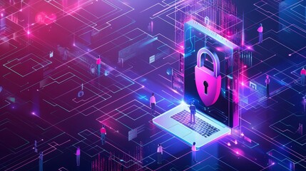 Wall Mural - Cybersecurity and privacy concept to protect data, business people secure protecting personal data, virtual screen interfaces, laptop, Lock and internet network security technology, cyber security