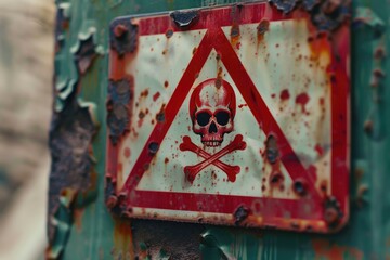 Poster - A red and white sign with a skull icon, used for warning or caution