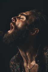 Poster - A person with a long beard is singing into a microphone