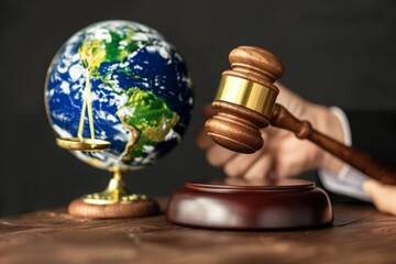 Wall Mural - Judge hold wooden gavel with golden scale and globe for law international environmental concepts of business corporate and industry. law world environmental regulation. sustainable environment concept