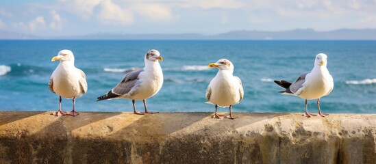 Young and adult european herring gull sitting on seaside atlantic ocean wall in french town Biarritz Nouvelle Aquitaine. Creative banner. Copyspace image