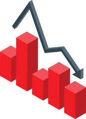 Poster - 3d isometric illustration of declining graph chart with red and grey vector bars representing business finance data loss and downward trend in sales and market recession for economic performance analy
