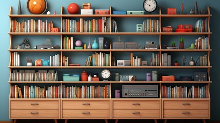 Neatly organized shelves showcasing books and reference materials, encouraging continuous learning and development. Painting Illustration style, Minimal and Simple,