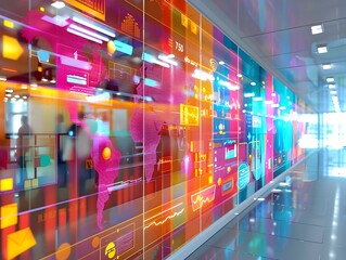 Poster - colorful digital devices zone showcasing tablets and phones in an interactive retail environment
