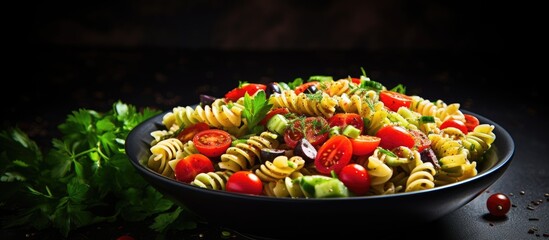Poster - tasty pasta salad with tomato cucumber and olives on a dark stone background. Creative banner. Copyspace image