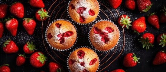 Aufkleber - Strawberry banana muffins or cupcakes on a black cooling rack Homemade sweet baked pastry Beautiful summer food background Top view. Creative banner. Copyspace image